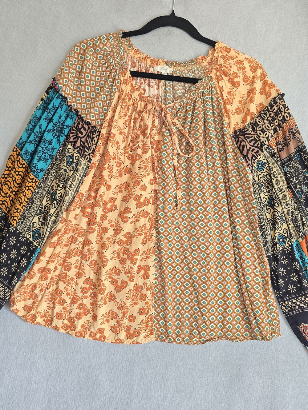 Easel Peach Multi Patchwork Boho Blouse Oversize Fun Western Bubble Sleeves Cute - Picture 2 of 11